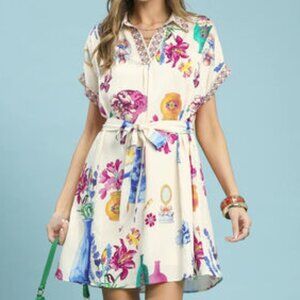 Umgee Floral Print Mini Dress with Belt
